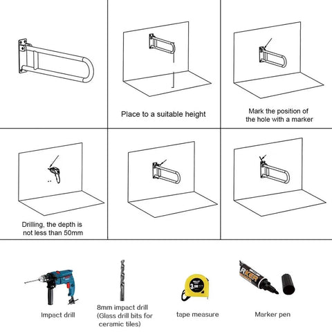 Installation instructions for Fold Down Grab Bar 24 Inch Flip Up Handicap Support Wall Mounted Shower Safety Bar, tools shown.