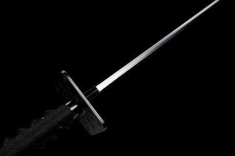 Close-up of Handmade Full Tang Samurai Katana Black Ninjato Ninja Sword Replica Battle Ready Spring Steel Blade hilt and guard
