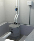 Heavy Duty 24 Inch Sewage Ejector Basin With Grinder Pump System, gray basin installed with white pipes, designed for wastewater handling.