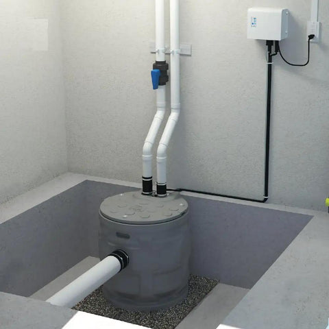 Heavy Duty 24 Inch Sewage Ejector Basin With Grinder Pump System, gray basin installed with white pipes, designed for wastewater handling.