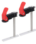 Two Piece Stainless Steel Hold Down Clamps Featuring Slick Quick Release Lever For Bench Dog Tslot Rack And Heavy Duty Woodworking Jig Tasks Rock Solid Grip, showing red levers and stainless steel rods.