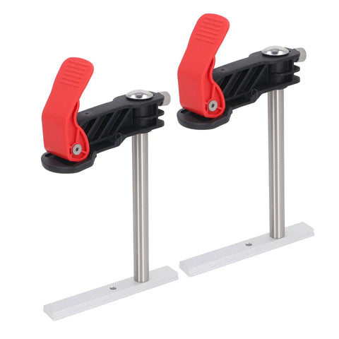 Two Piece Stainless Steel Hold Down Clamps Featuring Slick Quick Release Lever For Bench Dog Tslot Rack And Heavy Duty Woodworking Jig Tasks Rock Solid Grip, showing red levers and stainless steel rods.