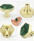 Dope Green Hexagon Cabinet Knobs For Drawers And Cupboards Built Like A Brick Wall Durable Zinc Alloy Furniture Handles With Sleek Marble Finish Replacement Hardware For Kitchen Bedroom Bathroom Top Shelf Home Refresh in gold and green.