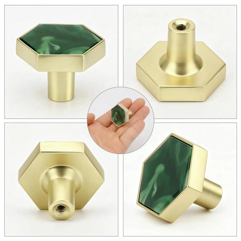 Dope Green Hexagon Cabinet Knobs For Drawers And Cupboards Built Like A Brick Wall Durable Zinc Alloy Furniture Handles With Sleek Marble Finish Replacement Hardware For Kitchen Bedroom Bathroom Top Shelf Home Refresh in gold and green.
