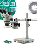 7X-45X Trinocular Stereo Microscope With Wide Field 10X Eyepieces And 0.7X-4.5X Zoom, Single Arm Boom Stand, And 56 LED Ring Light For Gemology Geeks And Electronics Repair Pros, Engraving, And Precise Surface Inspection, shown with boom stand and PCB