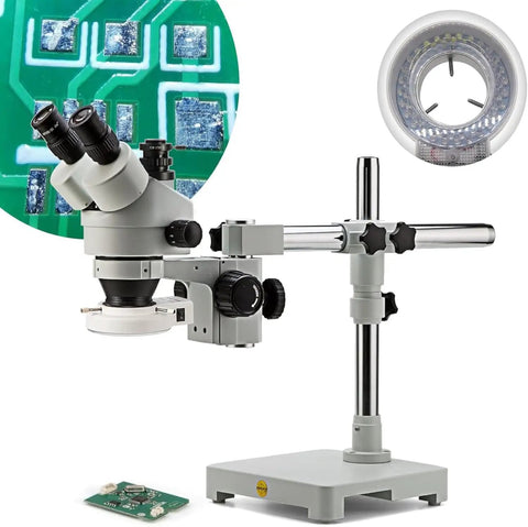 7X-45X Trinocular Stereo Microscope With Wide Field 10X Eyepieces And 0.7X-4.5X Zoom, Single Arm Boom Stand, And 56 LED Ring Light For Gemology Geeks And Electronics Repair Pros, Engraving, And Precise Surface Inspection, shown with boom stand and PCB