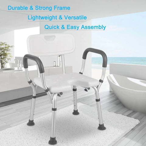 Heavy Duty Shower Chair With Back And Arms 300 Lb Capacity Padded Bath Seat with Handles in modern bathroom setting.