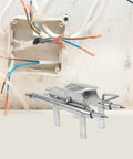 Homoyoyo Wire Pulling Tool Junction Box Cable Threading Aid Easy Solo Conduit Installation Electrical Box Wiring Fast Guide Helper For Electricians showing metal guide with wires in junction box.