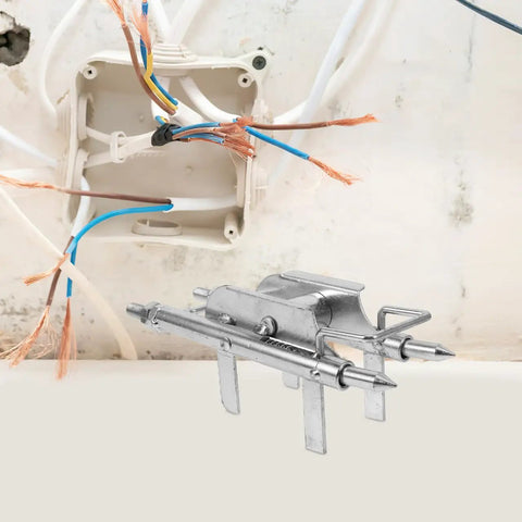 Homoyoyo Wire Pulling Tool Junction Box Cable Threading Aid Easy Solo Conduit Installation Electrical Box Wiring Fast Guide Helper For Electricians showing metal guide with wires in junction box.