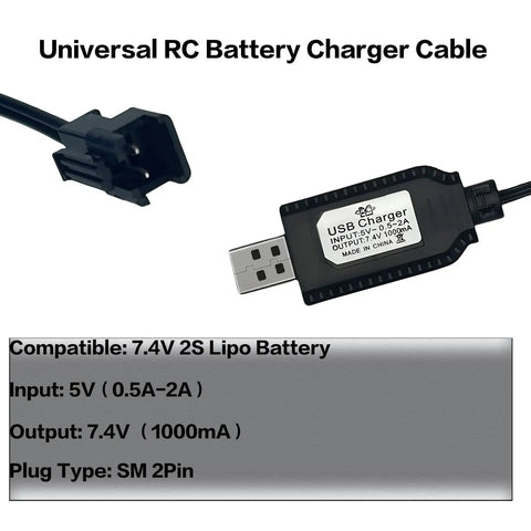 Two Pack 7.4V LiPo USB Charger With SM 2PIN Plug For RC Cars And Planes Battery Protected 7.4V USB Charger Input 5V 2A Output 7.4V 1000mAh For Universal LiPo Battery Charge Cable Black
