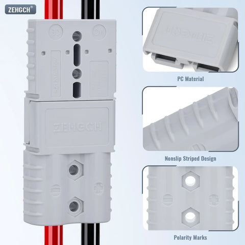 No Fuss Heavy Duty 2 Gauge Battery Cable Connector Kit With Quick Connect Disconnect Plugs For Trucks And Trailers Delivers Rock Solid 120 Amp Wiring Performance In Tough Gray Flame Retardant Housings, featuring gray connectors and non-slip design.