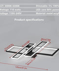 Diagram of Remote Control Dimmable LED Ceiling Light With Four Rectangular Black Metal Acrylic Flush Mount Fixtures, dimensions listed
