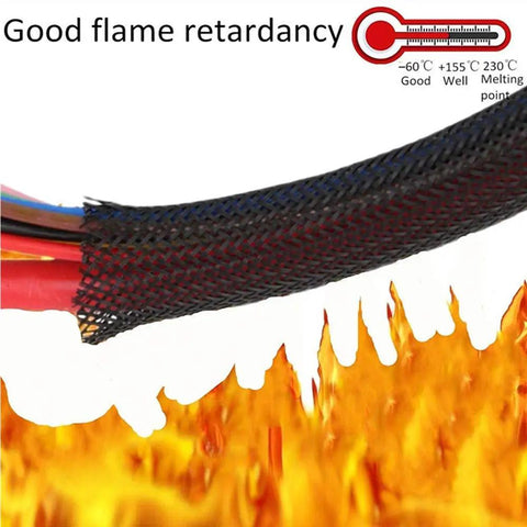 25 Foot One Quarter Inch Cable Management Sleeve Protector Expandable Braided PET Wire Loom above flames illustrates heat resistance