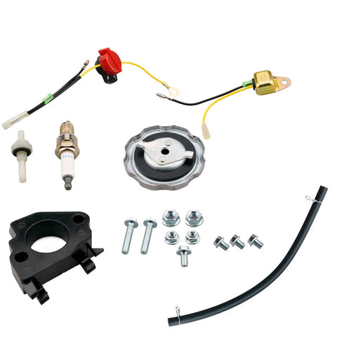 Components of Recoil Starter Carburetor Air Filter Kit for Honda GX340 GX390 GX420 Engines with gaskets, spark plug, and fuel line.
