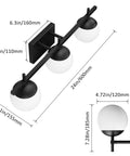 Dope Mid Century Modern Bathroom Vanity Lights Matte Black with Milky Glass, 24-inch three-light wall sconce with dimensions.