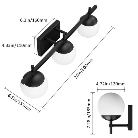 Dope Mid Century Modern Bathroom Vanity Lights Matte Black with Milky Glass, 24-inch three-light wall sconce with dimensions.