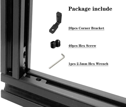 Package includes L Shape Corner Connector Bracket For 20x20 Aluminum Extrusion Inside Corner Joint with screws and hex wrench.