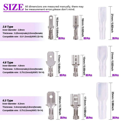315 Piece Spade Quick Connectors Set With 2.8mm 4.8mm 6.3mm Male And Female Crimp Terminals, Insulating Sleeve, Assortment Kit