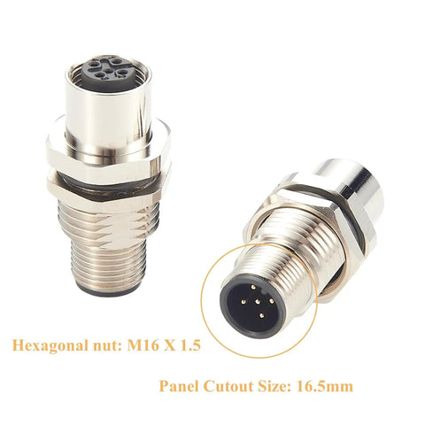 Pair Of M12 A Coded 5 Pin Male To Female Panel Mount Connector IP67 Shielded Bulkhead Feedthrough for industrial use, side view