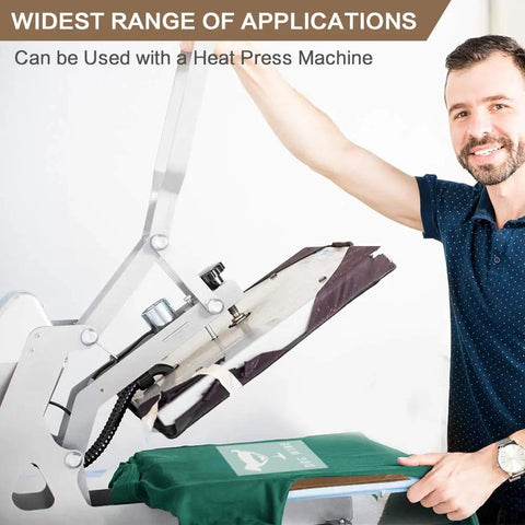 Man using heat press machine with Heat Press Pillow Kit With Four Mat Sizes And Five Rulers For Vinyl And Sublimation Transfers