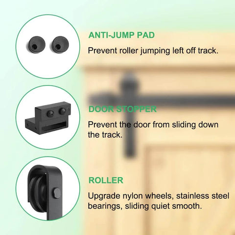 Close-up of 2 ft Mini Barn Door Track Kit features including anti-jump pad, door stopper, and roller for single door closet cabinet.