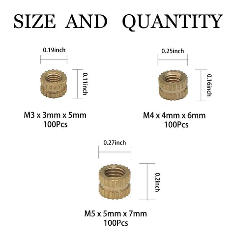 Brass Heat Set Threaded Inserts Kit M3 M4 M5 Knurled Female Threads For Plastic And 3D Printing Components, 300 Pcs Assortment