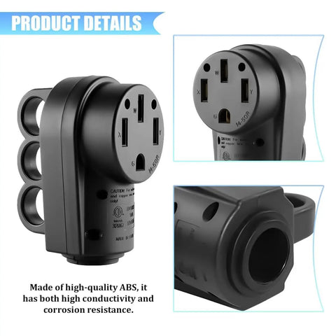 Heavy Duty 30 Amp RV Male Power Plug Solid As A Rock Copper And Nylon Build Ergonomic Grip Handle Dead Sure Connection 125 250 Volt Electrical Connector close-up view showing three outlets and durable ABS material.