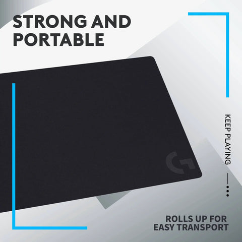 Cloth Gaming Mouse Pad With Moderate Friction For Precise Sensor Tracking Non Slip Mat For Mac And PC Optimized Surface For Gaming Sensors 340 By 280 By 1 mm Pro Grade Grip And Snappy Smooth Control, showing black pad with logo in corner.