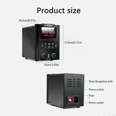 Front and rear view of Must-Have 2-In-1 Soldering Station Pro Kit with measurements and labeled features.