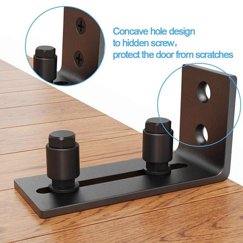 Black Floor Guide And Bottom Wall Guide Set For Barn Doors With Flush Design Flat Bottom Stay Roller Two Pack Heavy Duty Cast Iron Rust Resistant Powder Coat 5 Mm Thick 4.72 In Length 5.26 In Height 2.05 In Wide, showing a side view with concave hole design.