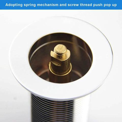 Detail view of Slick Pair Of Solid Brass Basin Sink Drain Plugs With Smooth Push Pop Up Mechanism Rust Resistant.