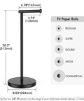 Freestanding Matte Black Toilet Paper Holder Stand dimensions showcasing 20.2 inch height, compatible with multiple roll sizes.