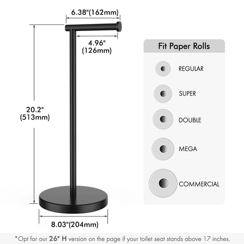 Freestanding Matte Black Toilet Paper Holder Stand dimensions showcasing 20.2 inch height, compatible with multiple roll sizes.