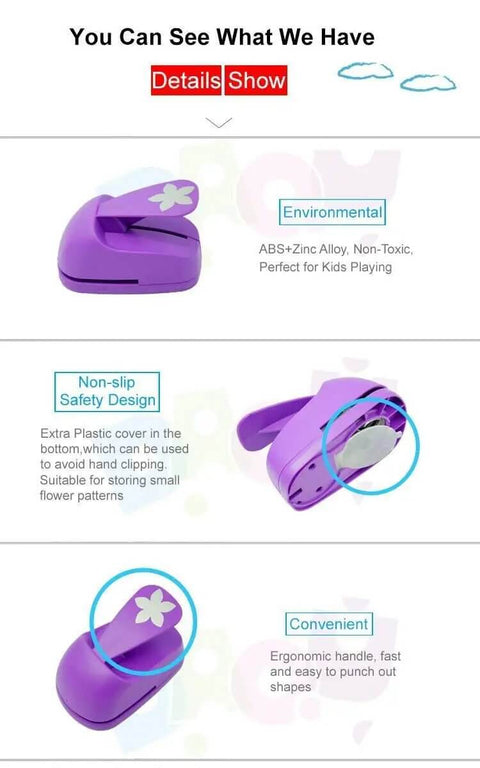 Image of a 2 Inch Oval Lever Paper Punch For Crafting And Card Making, featuring a purple design with a floral lever, non-slip safety, and ergonomic handle.