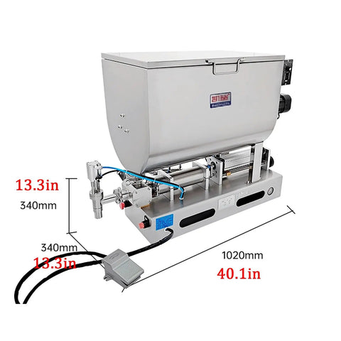Straight Up Heavy Duty Stainless Steel Paste Filling Mixer Machine With Auto Stir Hoppers, 40.1in long, for liquids.