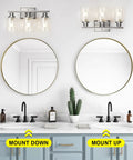 Killer 3 Light Wall Sconces With Clear Glass Shade And Brushed Nickel Finish mounted above stylish bathroom sinks and mirrors.