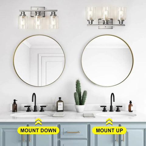 Killer 3 Light Wall Sconces With Clear Glass Shade And Brushed Nickel Finish mounted above stylish bathroom sinks and mirrors.