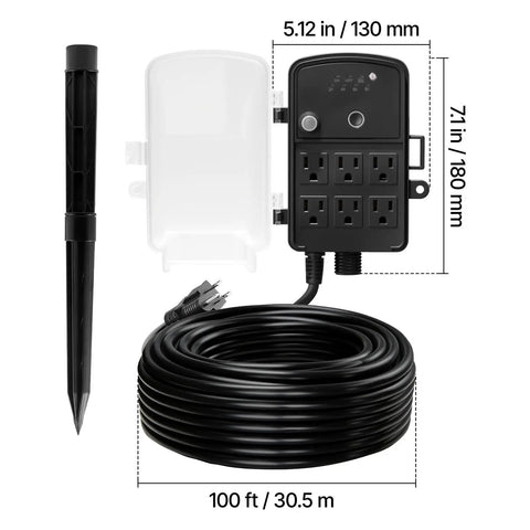 Heavy Duty Outdoor Power Stake With 100 Foot Extension Cord, Six Socket Weather Resistant Timer And Remote, Dusk Till Dawn Light Sensor, Built Tough Waterproof Plug For Holiday Strings And Yard Decor with sleek design, six sockets and sturdy stake.