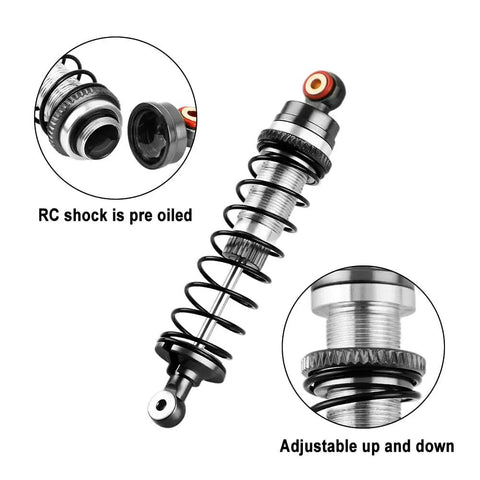 Close-up of Beefed-Up Front And Rear Aluminum Alloy RC Shock Set For 1/16 Mini-B And 1/18 Mini-T 2.0 LOS314004, black, adjustable.