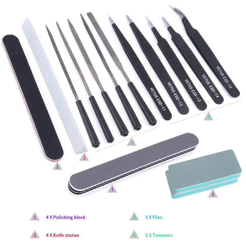 87 Piece Gundam Model Kit Tools Set For Beginners with sandpaper, files, tweezers, and more displayed on a white background