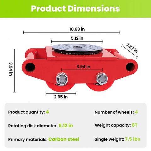 Heavy Duty Machinery Skates 4 Pack dimensions showing 10.63 in x 5.12 in x 3.94 in, made of carbon steel, with 8T capacity.