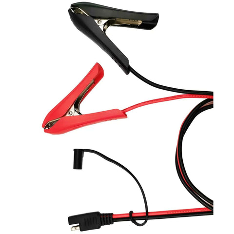 Red and black 3.2 Foot Battery Clip On Crocodile Clamps With SAE Connector 14 AWG Solar Charger Extension Cable for quick hookup power supply.