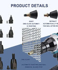 Professional Grade Heavy Duty Cordless Rivet Gun With Smart Memory Mode And Quiet Brushless Motor For Absolutely No Sweat Assembly Of Aluminum And Iron Rivet Nut Kits showing product details and components.