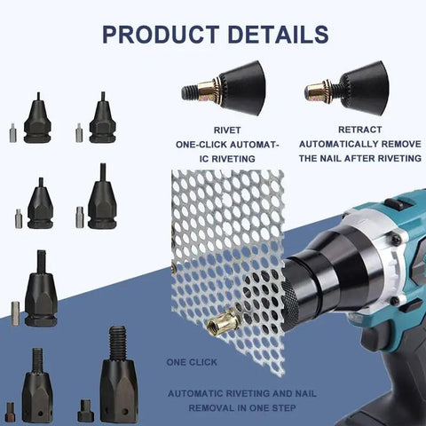 Professional Grade Heavy Duty Cordless Rivet Gun With Smart Memory Mode And Quiet Brushless Motor For Absolutely No Sweat Assembly Of Aluminum And Iron Rivet Nut Kits showing product details and components.