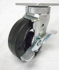 Heavy Duty 6 Inch Rubber On Steel Caster Set With Kingpinless Swivel Wheels With Brakes for toolboxes, side view showing brake engaged.