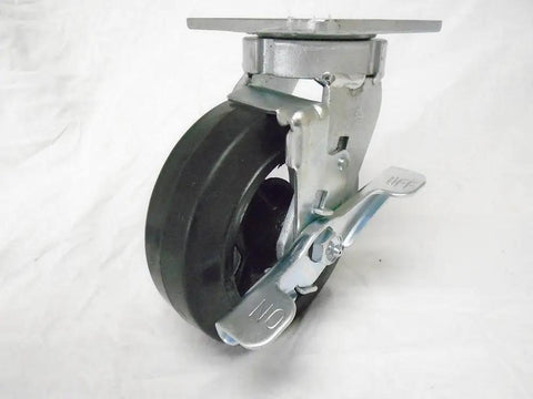 Heavy Duty 6 Inch Rubber On Steel Caster Set With Kingpinless Swivel Wheels With Brakes for toolboxes, side view showing brake engaged.