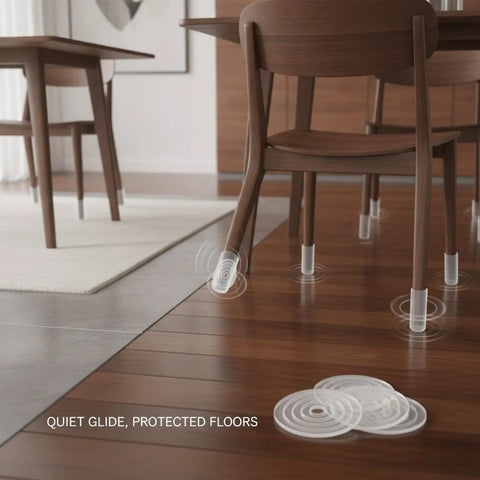 Clear Silicone Chair Leg Protectors With Self Adhesive Pads for easy tool-free install on hardwood and tile floors, low profile