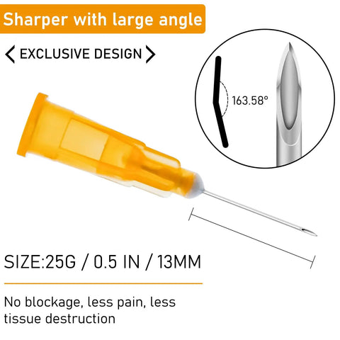 100 Pack 25 Gauge 1/2 Inch Lab Needles With Luer Lock, Disposable, Individually Wrapped, Stainless Steel And Plastic Construction, Compatible With Standard Syringes For Precise Lab Work. 25G, 1/2 inch needle shown