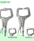 Beefy Heavy Duty 4 Piece Locking C Clamp Set With Swivel And Fixed Pads showing 6 inch clamps for woodworking and metal fabrication