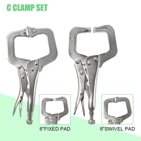 Beefy Heavy Duty 4 Piece Locking C Clamp Set With Swivel And Fixed Pads showing 6 inch clamps for woodworking and metal fabrication